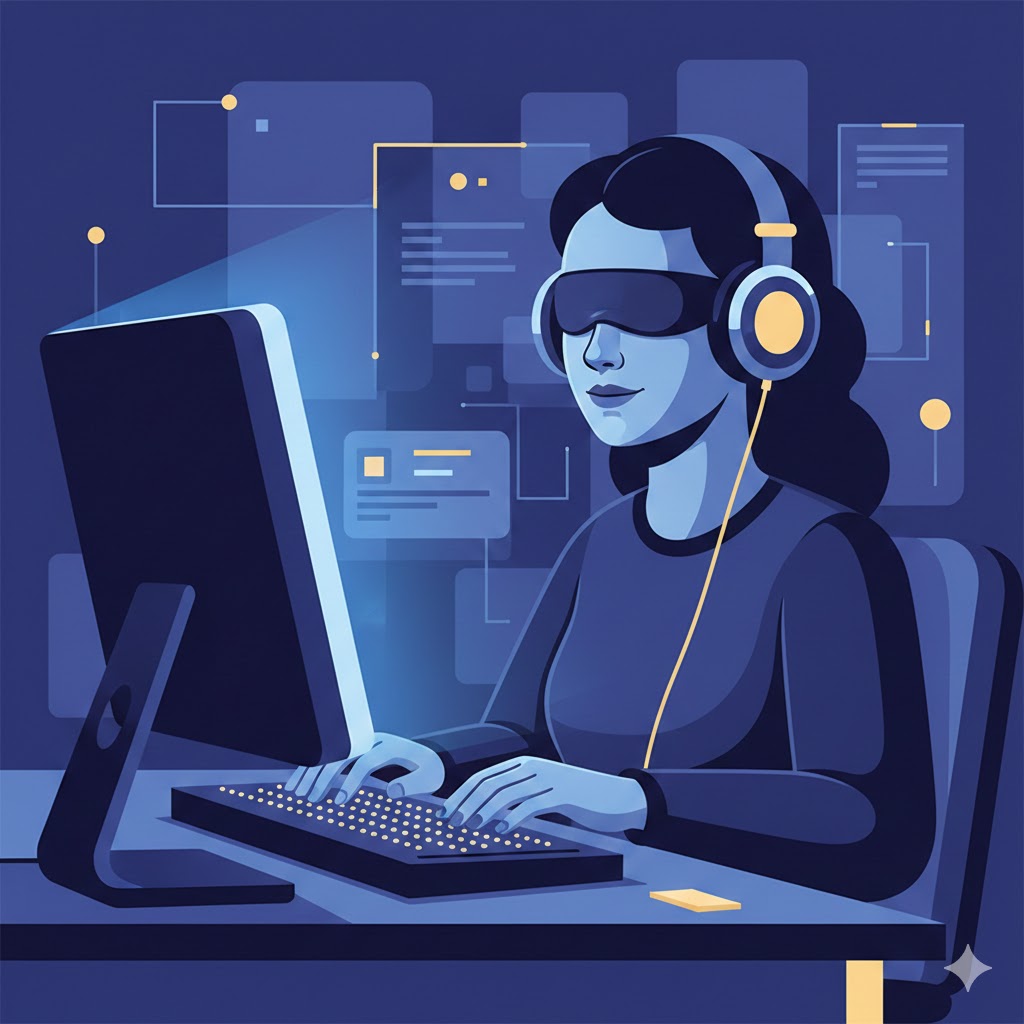 Blinde Person vor Rechner